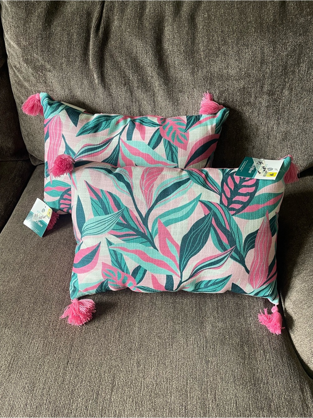 NWT - Tropical Leaf Pink & Teal Decorative Throw Pillow with Tassels